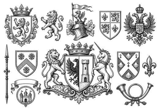 Heraldic crest coat of arms shield with lion eagle unicorn crown
