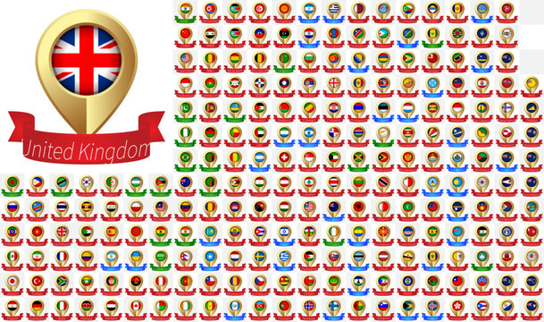 World Flags Collection Map Pin Icons Set with Country Names and Ribbon Labels Vector Illustration