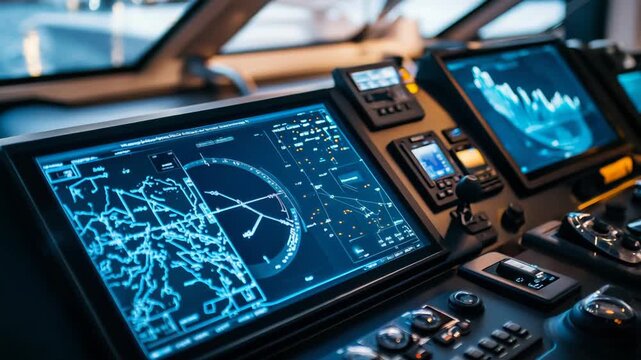 Ship bridge with multiple digital screens and control panels for advanced marine navigation, radar, electronic charting and autopilot systems guiding vessels across open sea