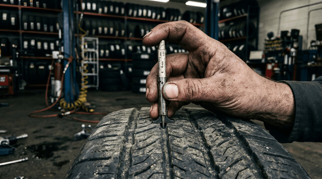 Mechanic hands measuring tire tread depth in workshop