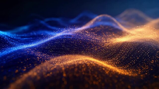 Abstract dynamic wave pattern with blue and warm yellow light particles