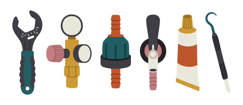 Industrial Maintenance Tools Collection - Wrench, Pressure Gauge and Plumbing Equipment Set for Professional Repair Services, Vector Illustration Style Icons for Mechanical Engineering and Home Improv