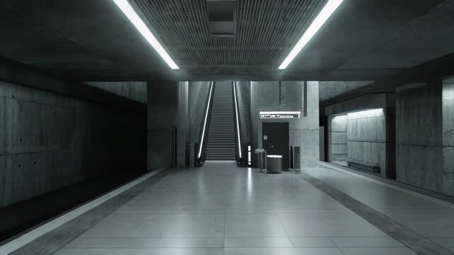 Empty subway station platform and escalator, featuring raw concrete walls, minimalist lines, and bright linear lighting, creating a modern architectural aesthetic