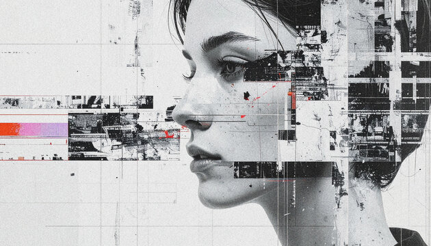 Large abstract mixed media collage featuring a female profile combined with various fragmented textures