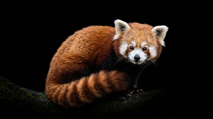Obraz premium Red Panda Resting on a Mossy Branch with Curious Eyes in a Captivating Wildlife Portrait