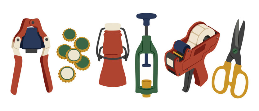 Home Brewing Equipment Set, Beer Bottling Tools and Supplies for Craft Brewery, Vector Illustration of Bottle Capper, Corker, Tape Dispenser, Scissors, and Crown Caps on White Background, Minimalist F