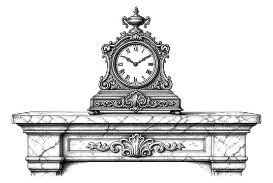 Antique clock on marble fireplace mantel vintage engraving scene