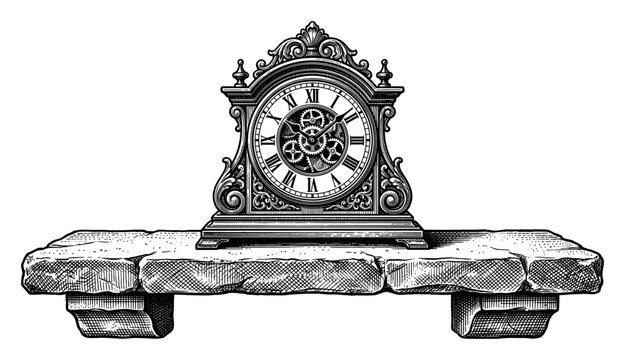 Antique clock on stone fireplace mantel vintage engraving scene