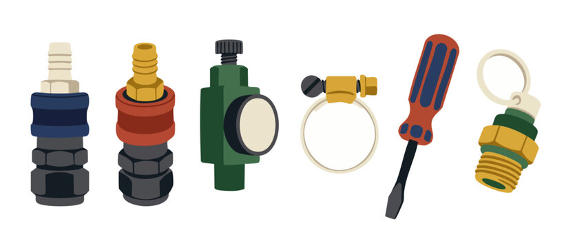 Plumbing Fittings and Repair Tools Icon Set for DIY Projects, Industrial Maintenance Equipment, Hydraulic Connectors, Hose Clamps, and Screwdriver Vector Illustration Isolated on White Background Grap