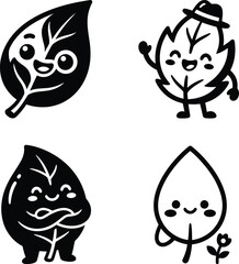 Fototapeta premium Set of cute happy leaf character illustrations in a minimal black and white vector line art style for kids design.