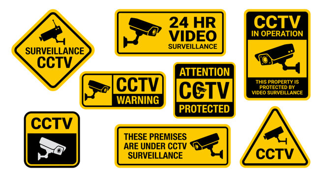 CCTV camera warning sign set with yellow security surveillance notice
