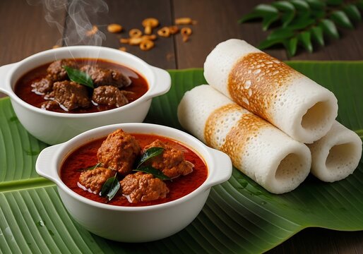 Steaming hot Indian curry with succulent meat served alongside fluffy white puttu rolls on a banana leaf presentation