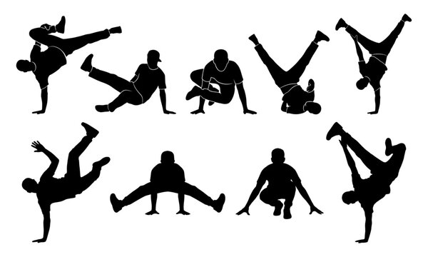Bboy breakdancer dynamic black silhouette set with dance freeze pose