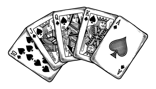 Royal flush of spades playing card fan vintage engraving