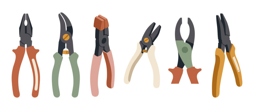 Pliers set tool collection isolated on white background, professional hand tools for construction, renovation, repair work, electrical maintenance and home improvement equipment in flat isometric styl