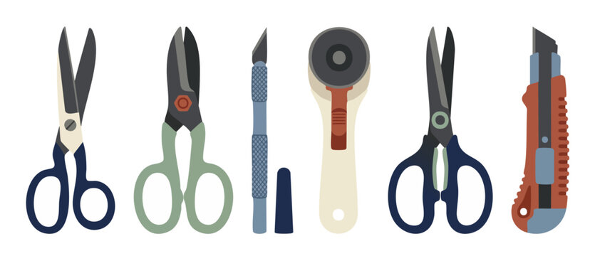Cutting Tools Collection Set for Crafts, Tailoring, and Stationery, featuring Scissors, Craft Knives, and Rotary Cutter Icons for Office, Art Supplies, and Workshop Projects on White Background Flat D