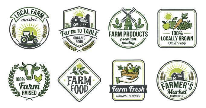 Farm badge logo set with tractor cow windmill and organic food