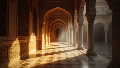 Obraz premium Fusion Mughal and Roman Architecture Marble Corridor — Cinematic Split Light Cultural Heritage Background