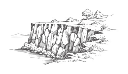 Cliff edge with rocky face overlooking water and distant hills ocean © Mahin