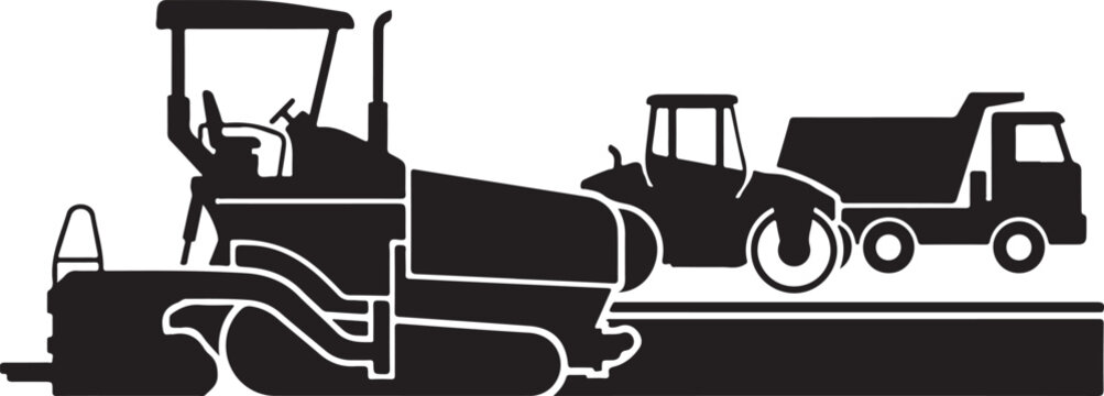 Road construction vehicles, asphalt roller and truck, black silhouette icons, vector graphics