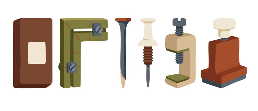 Hardware Tools Set Illustration: Measuring Square, Nail, Thumbtack, C-Clamp and Rubber Stamp isolated on white background for DIY, construction, office supplies and carpentry workshop icons design vec