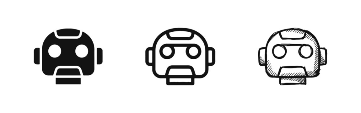 Artificial Intelligence Robot Head Icon Set - Solid, Outline, and Hand-Drawn Styles