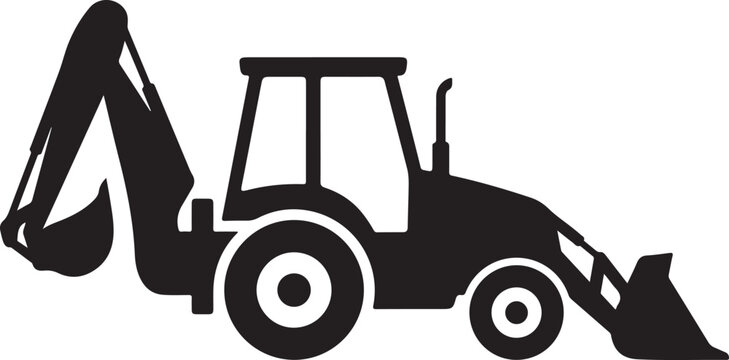 Black backhoe loader icon, construction vehicle silhouette, heavy equipment symbol, industrial tractor graphic