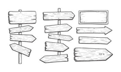Collection of hand drawn wooden direction signs and blank signs arrow © Mahin