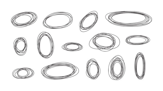 Collection of hand drawn sketchy oval shapes in dark gray white scribble doodle