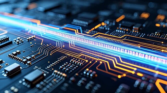 Close up view of electronic circuit board with blue and orange light traces