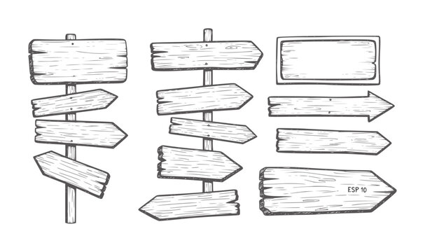 Collection of hand drawn wooden direction signs and blank signs arrow