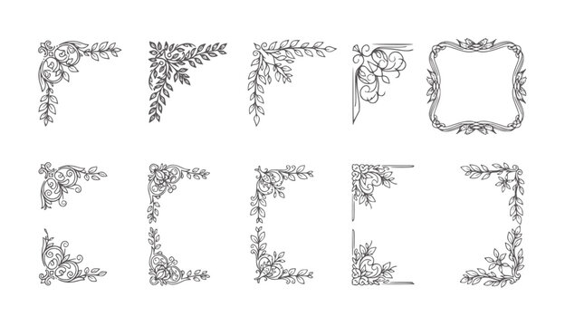 Collection of ten ornate floral corner borders and one square frame decorative