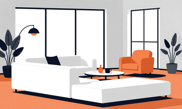 sleek modern living room setup crisp white modular sofa foreground complemented vibrant orange armchair eclectic