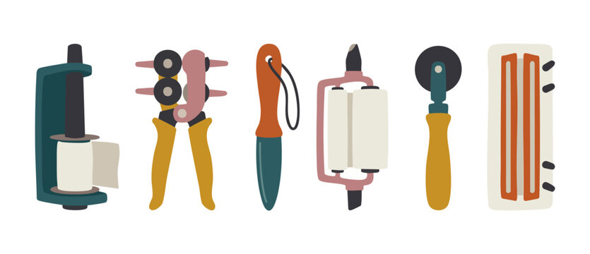 Leather Crafting Tools Set, Manual Handcraft Equipment for Artisan Leatherworking, Professional Saddlery Supplies, Flat Lay Isolated Vector Style Illustration for Hobbyists and Leather Workers on Whit