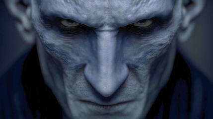 Obraz premium Shadow Jinn face with pale blue skin and an intense glare, evil spirit from Arabian folklore.
