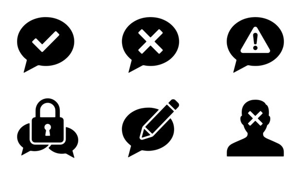 Set of 6 Black Vector Icons: Checkmark, Cross, Warning, Lock, Edit, and Person with X Mark, representing confirmation, rejection, alert, security, editing, and denial