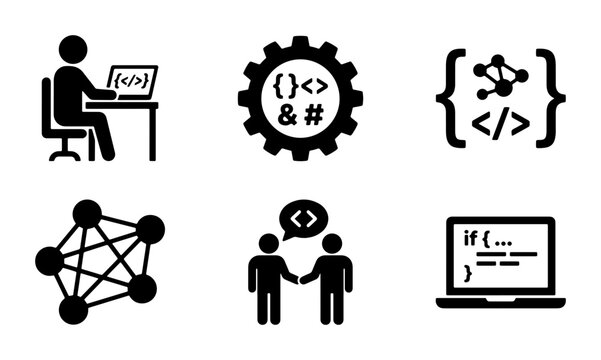 Coding Icons Set: Programmer, Algorithm, Network, Collaboration, Code Snippet, Software Development Vector Graphics