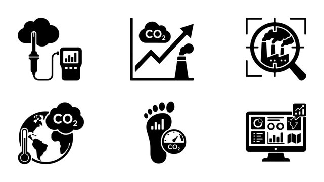 Carbon Footprint Icons, CO2 Emissions Monitoring Set, Climate Change Data Analysis Graphics, Environmental Impact Vector Collection