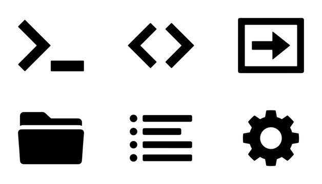 Command Line Interface Icons, Coding Symbols, Folder and Settings Gear, Data Management and UI Elements, Vector Set
