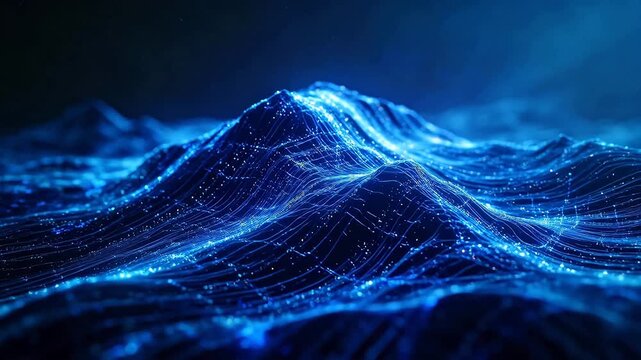 Abstract blue wave mountain range with glowing digital lines and data flow perspective