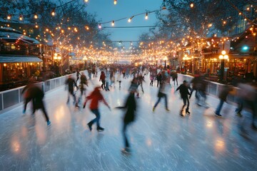 Obraz premium Holiday skating rink crowds dance like fireflies beneath cozy glowing winter lights.