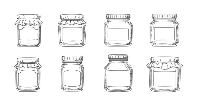 Eight hand drawn glass jars with lids and labels for preserves honey