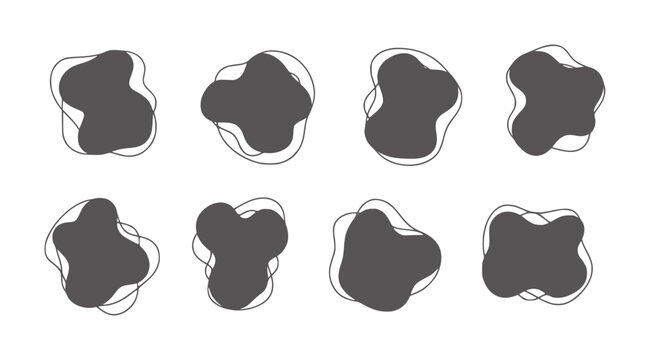 Eight dark grey abstract organic shapes with thin black outlines blob