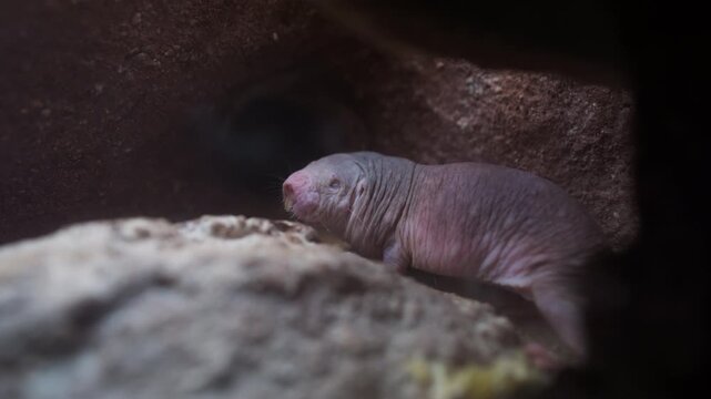 Naked mole rat, also known as sand puppy, cautiously emerges from its dark underground burrow. Strange, hairless rodent peeks out, looks around, and then retreats back into its tunnel