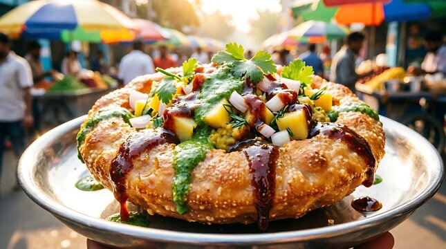Delicious street food chaat dish served on a metal plate with drizzled chutneys and fresh garnishes outdoors