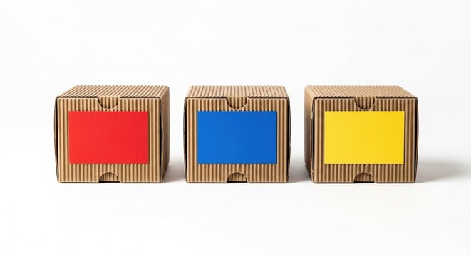 Three cardboard boxes with red blue and yellow labels arranged in line on white background for sorting logistics and e commerce organization shipping concept image.