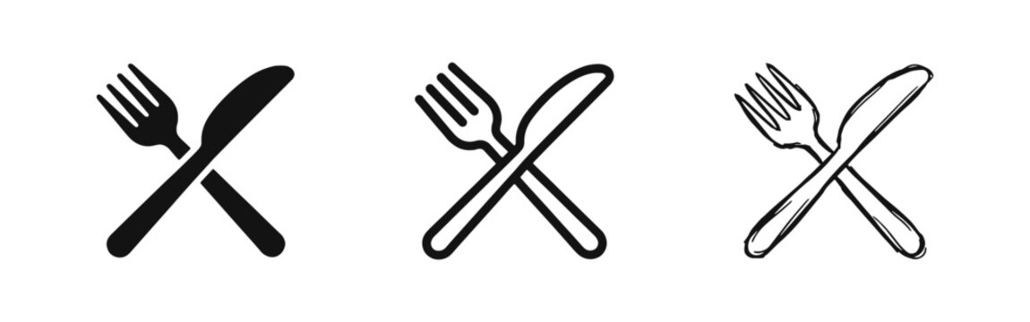 Fork and Knife Cutlery Icon Set, Restaurant Dining and Food Service Symbol in Three Styles