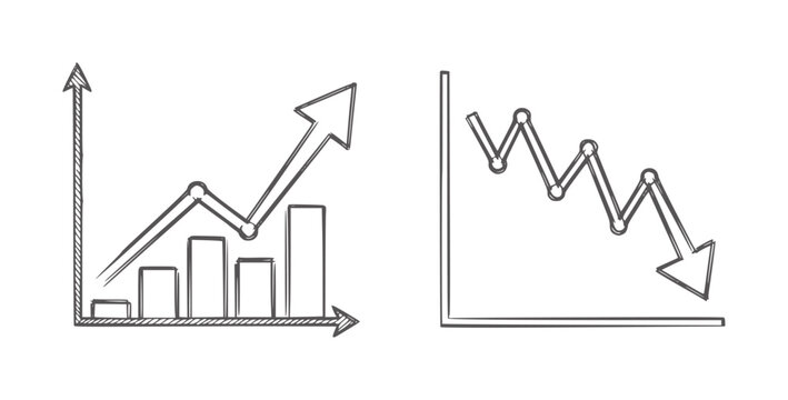 Hand drawn bar graph with upward arrow and line graph with downward arrow chart data