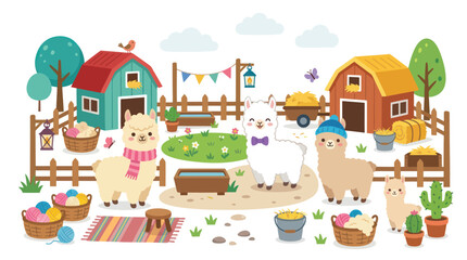 Naklejka premium Cute Flat Vector Farm Illustration for Kids: Alpacas, Llamas, Barns, Wool Craft Supplies