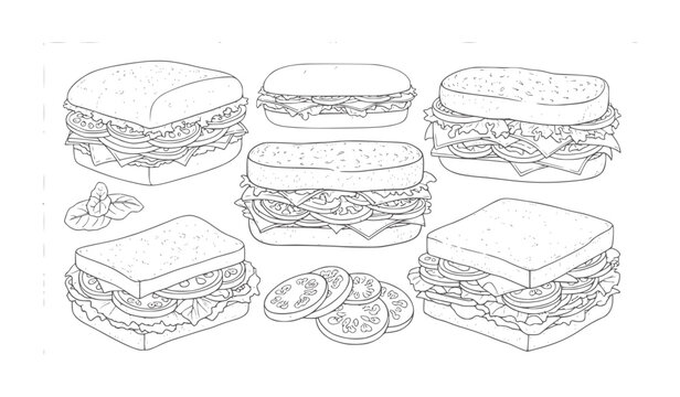 Hand drawn collection of various sandwiches and tomato slices food lunch bread lettuce